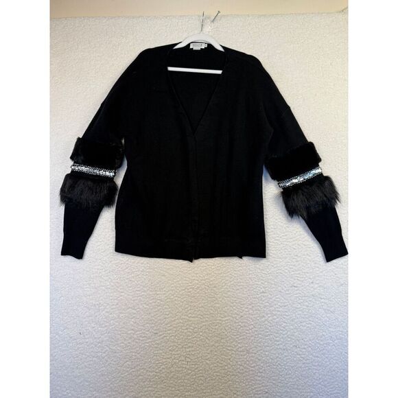 Molly Bracken Open Front Black Cardigan Sweater Sequin Furry Sleeve Size Small